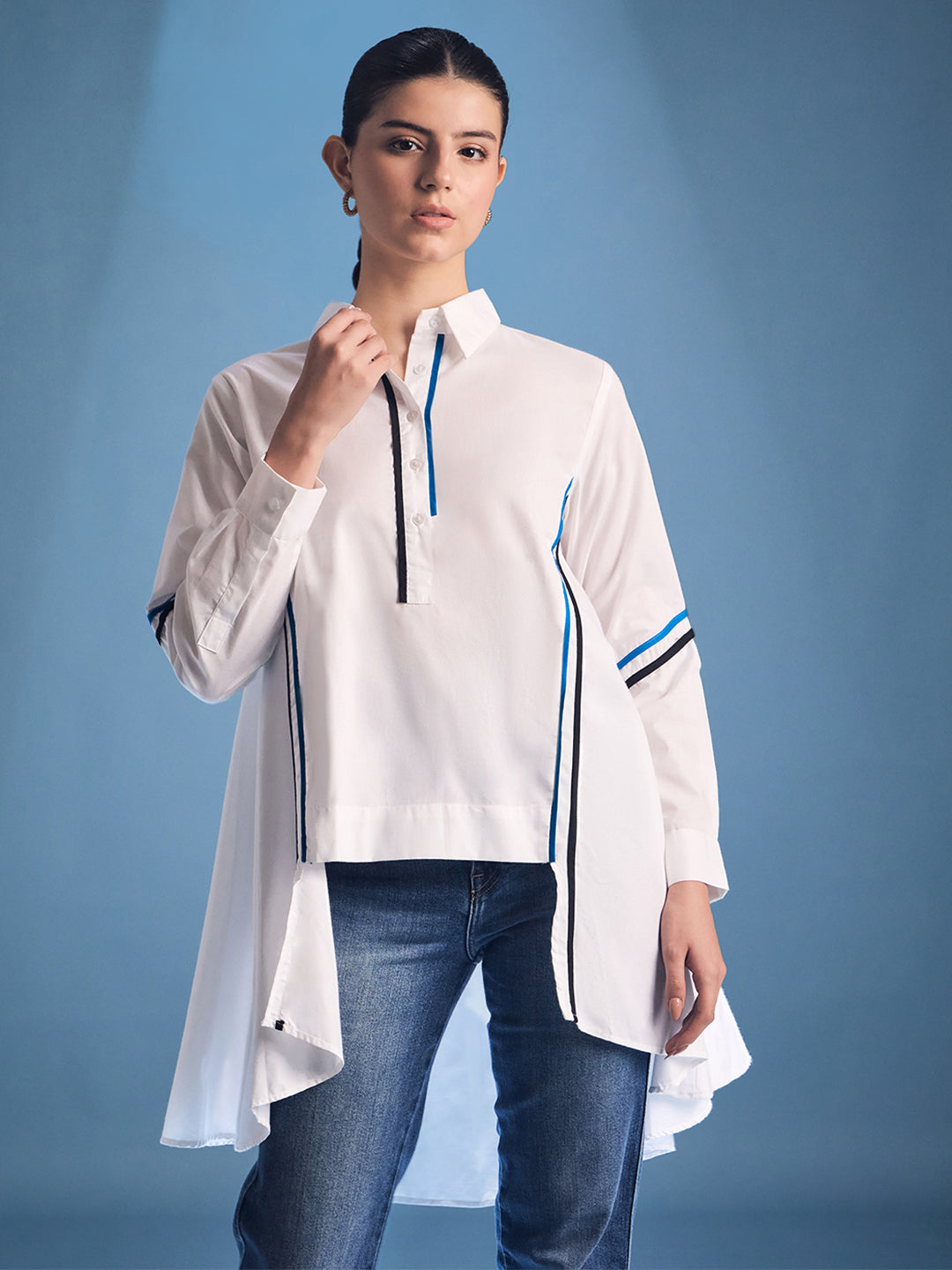 Cotton Asymmetric Shirt with Contrast Color Stripes