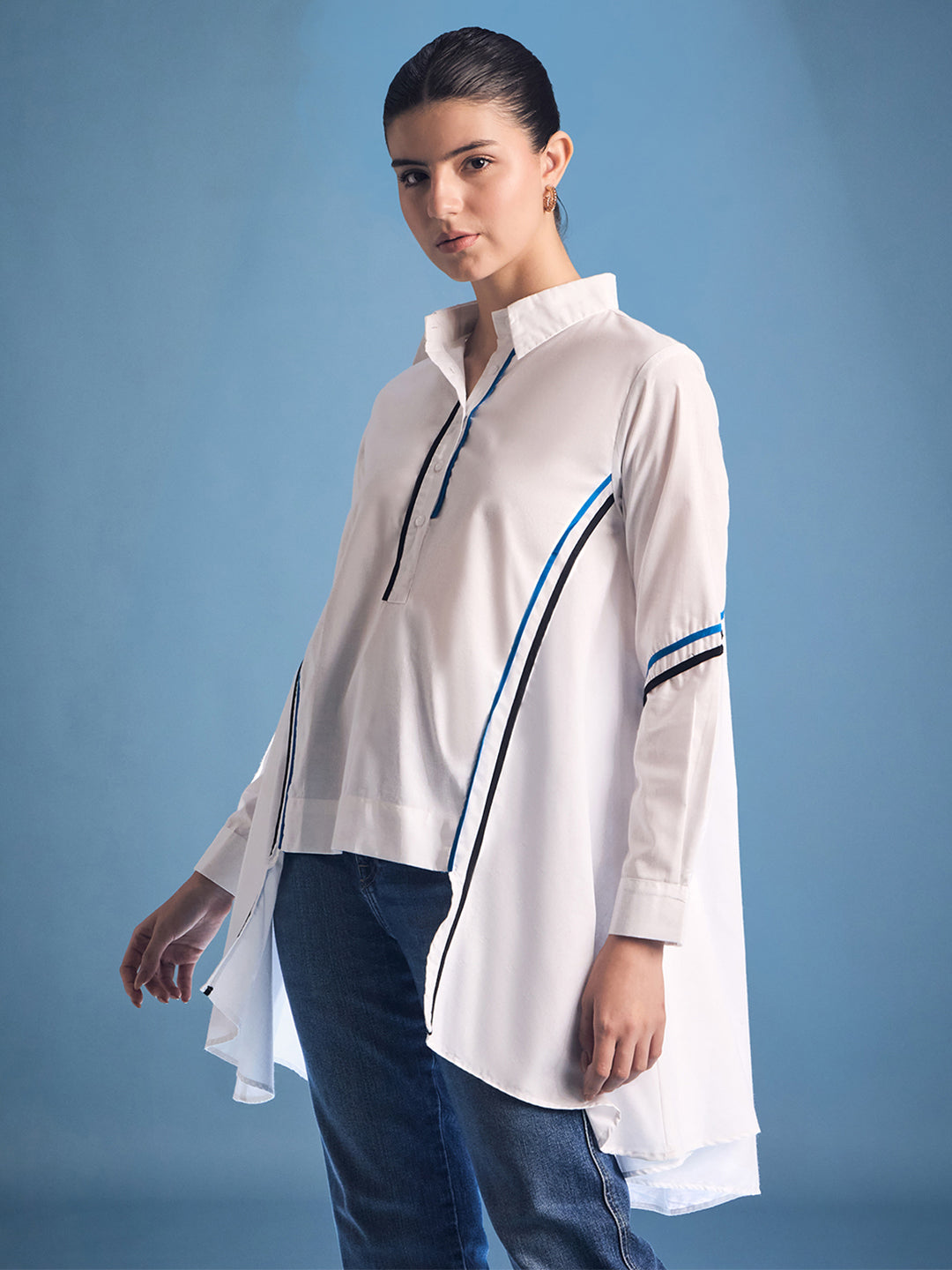 Cotton Asymmetric Shirt with Contrast Color Stripes