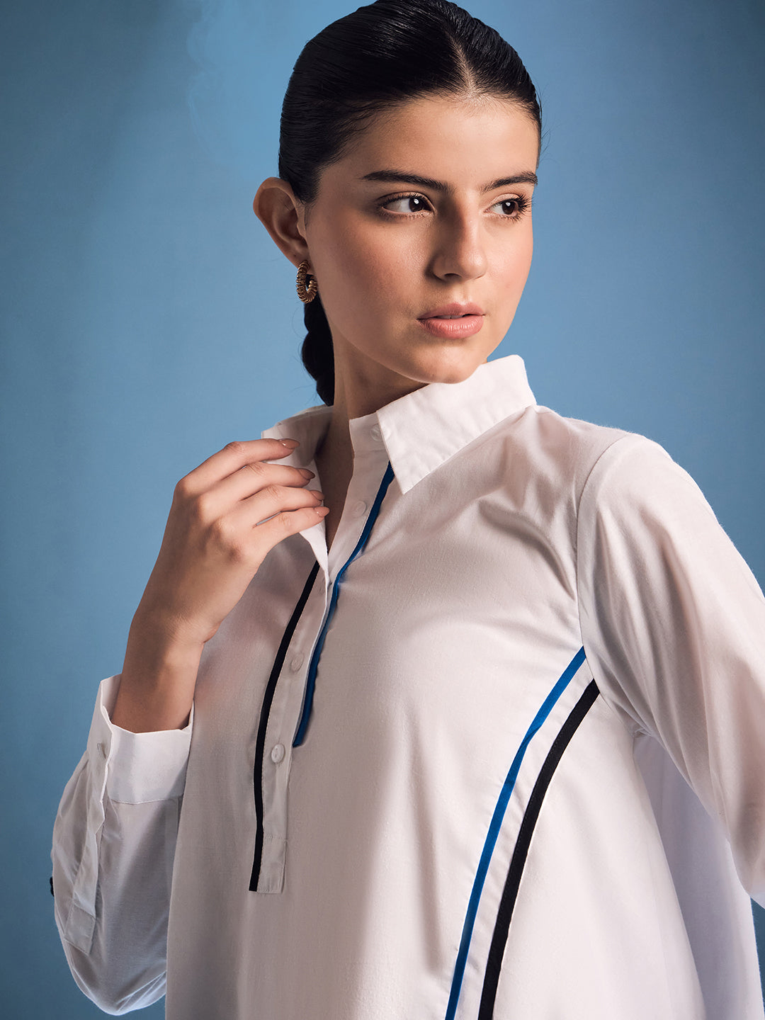 Cotton Asymmetric Shirt with Contrast Color Stripes