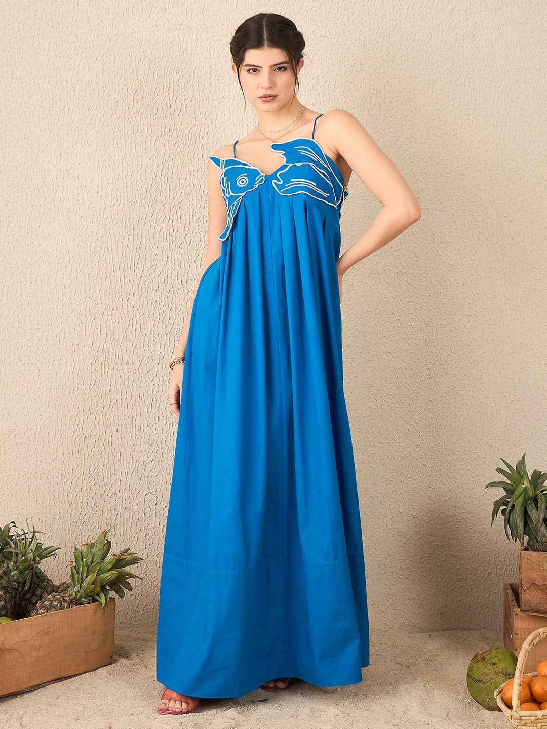 Fish Applique Cotton Maxi Dress
