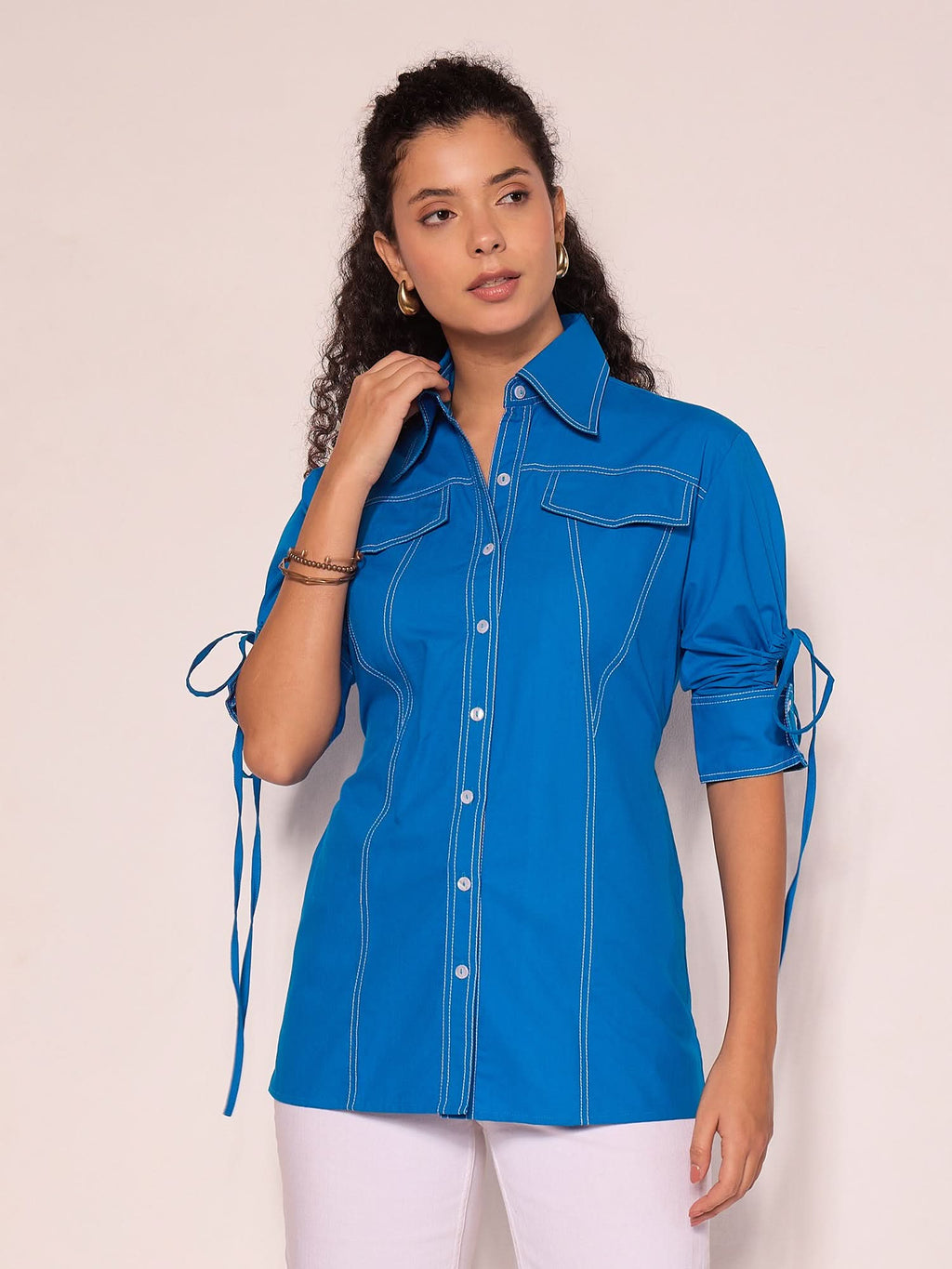 Panelled Cotton Shirt With Tie-Up Sleeves