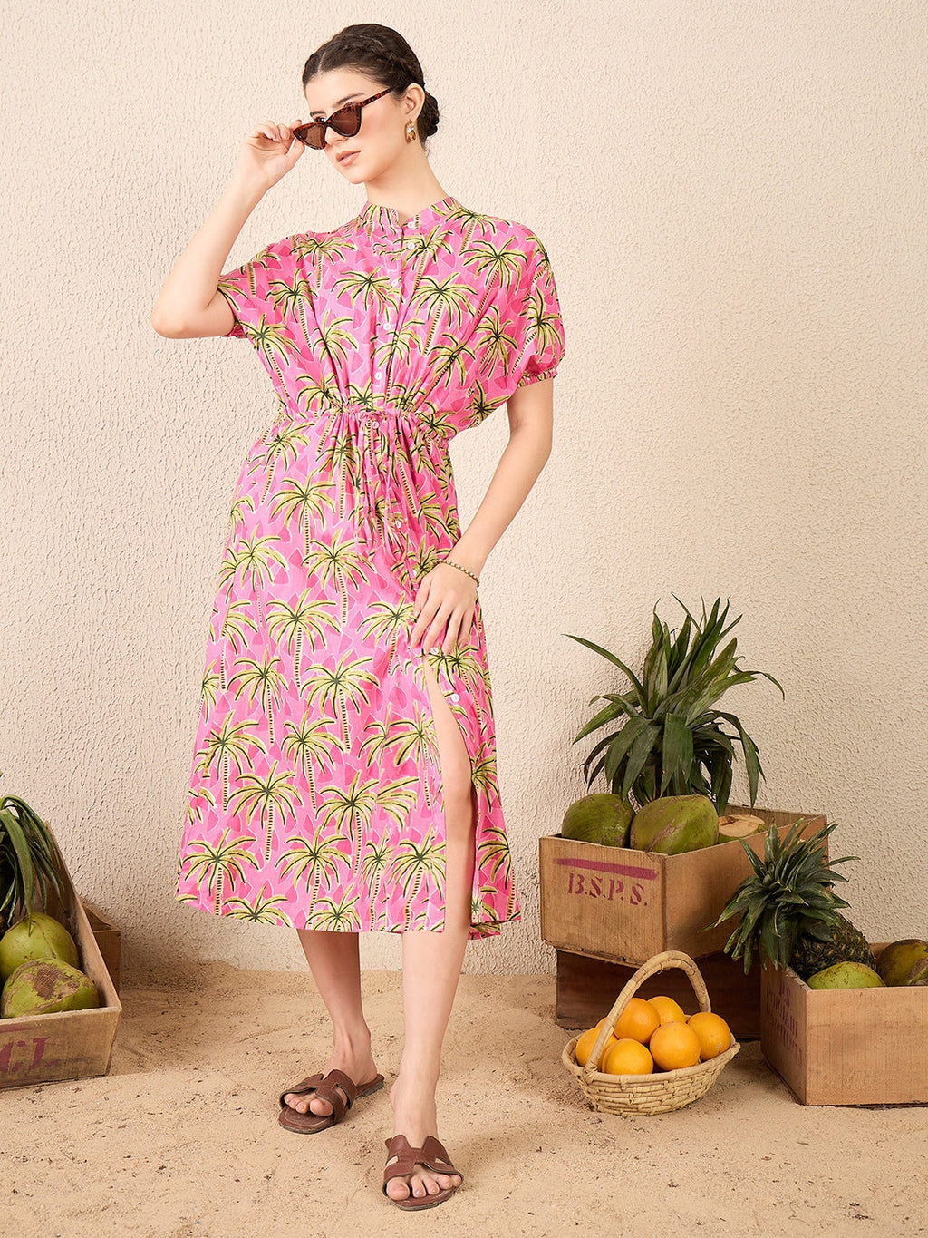 Cotton Side Waist Tie-Up Midi Dress