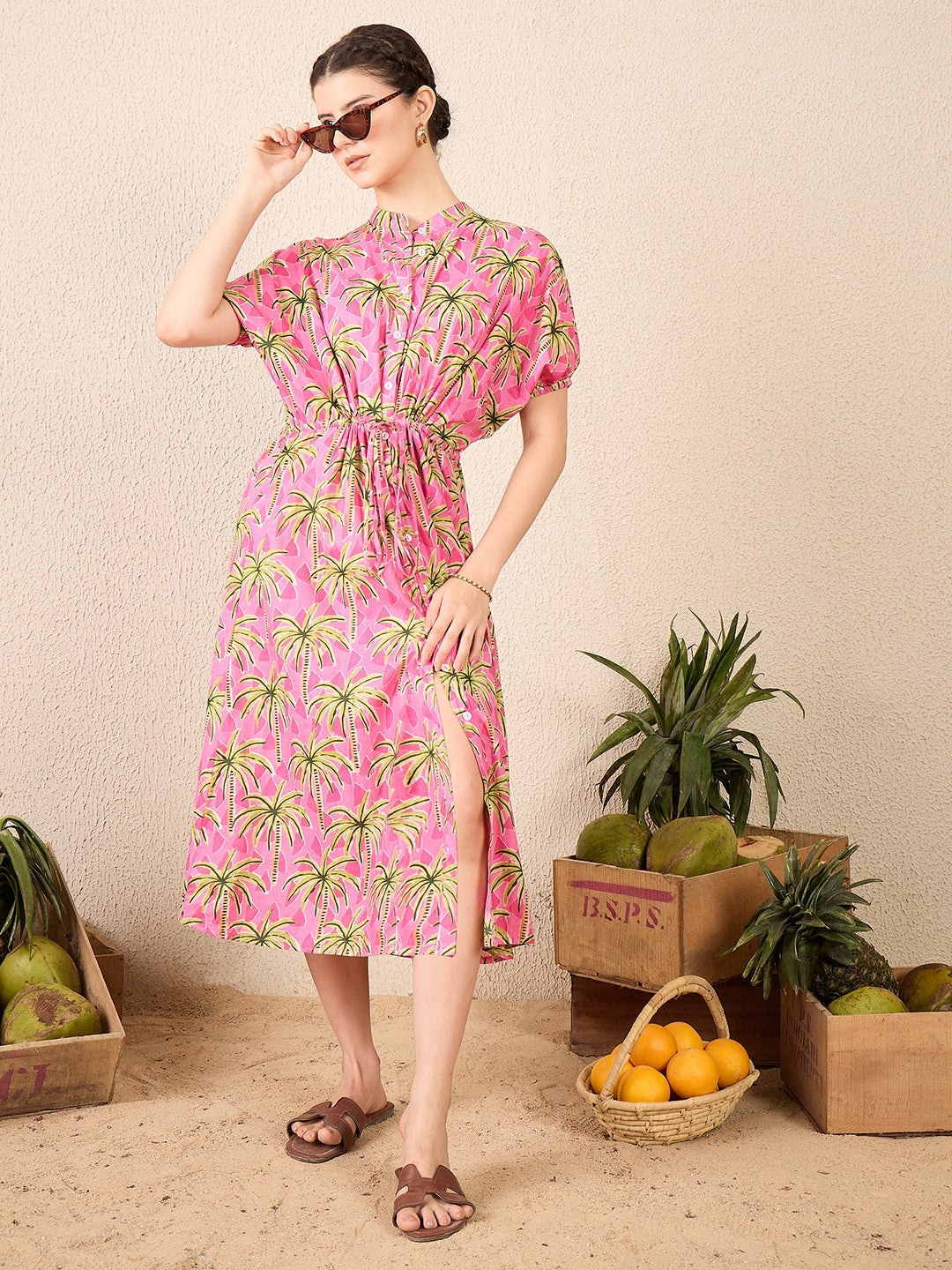 Cotton Side Waist Tie-Up Midi Dress