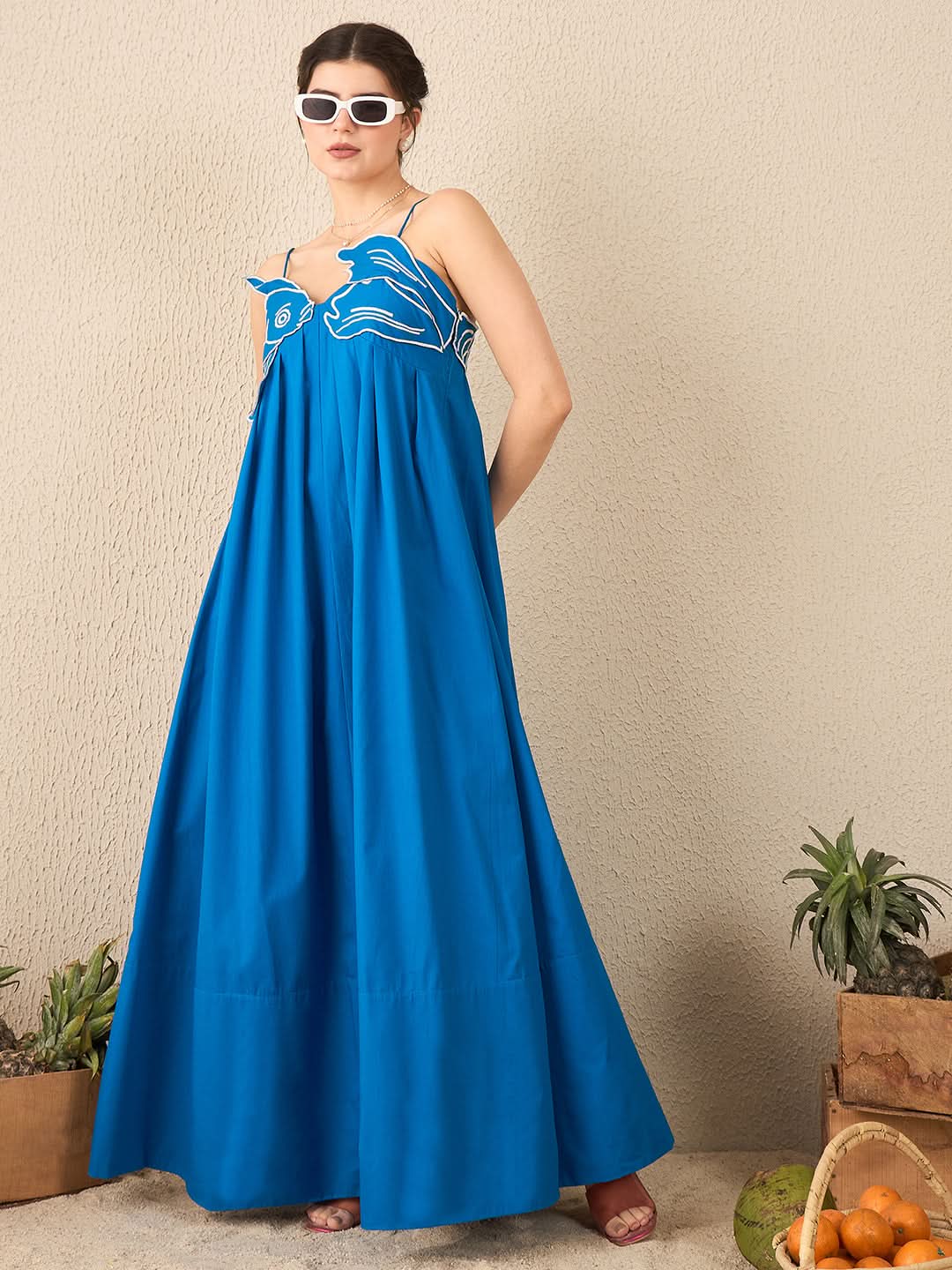 Fish Applique Cotton Maxi Dress