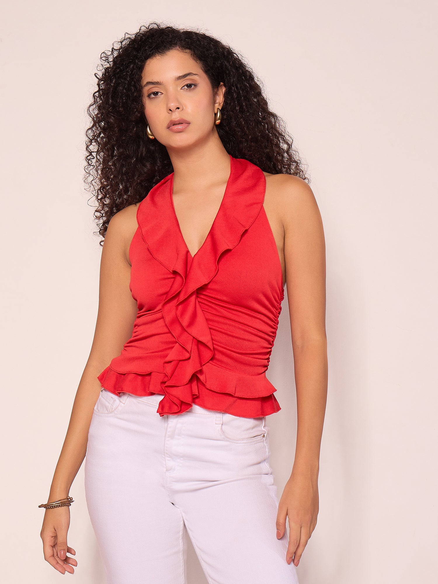 Stretchable Ruffled Halter Neck Top - Uptownie
