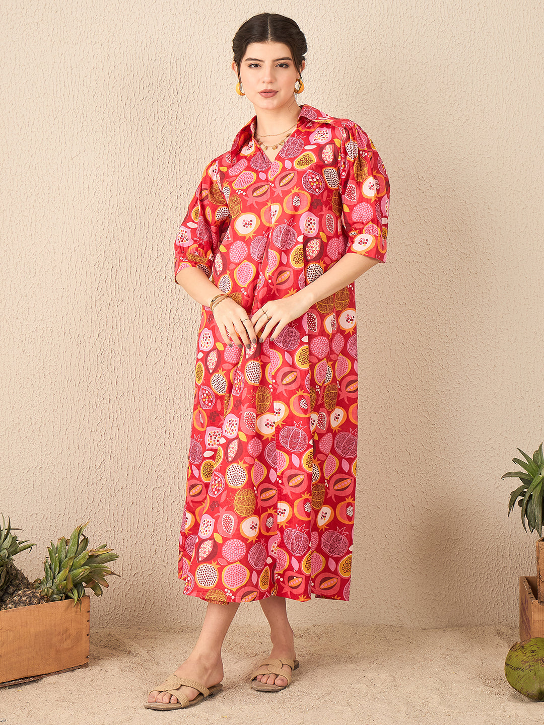 Front Pleated Cotton Midi Dress