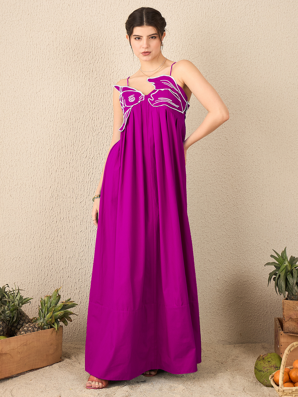 Fish Applique Cotton Maxi Dress
