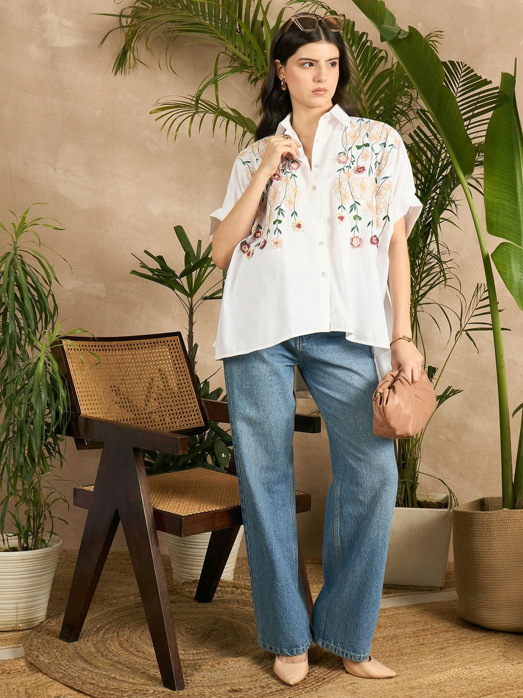 Cotton Anti-fit Crochet Floral Shirt