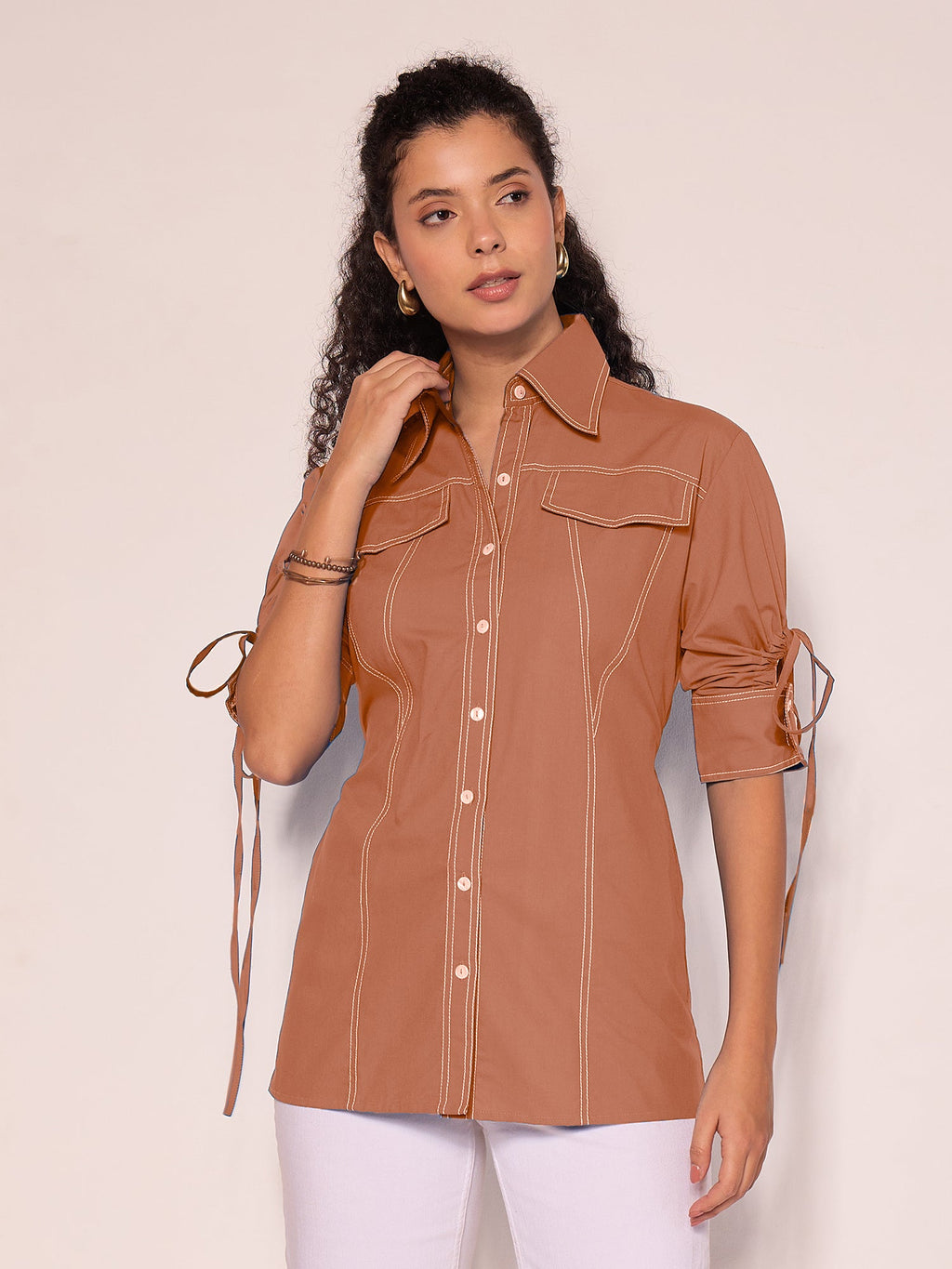 Panelled Cotton Shirt With Tie-Up Sleeves