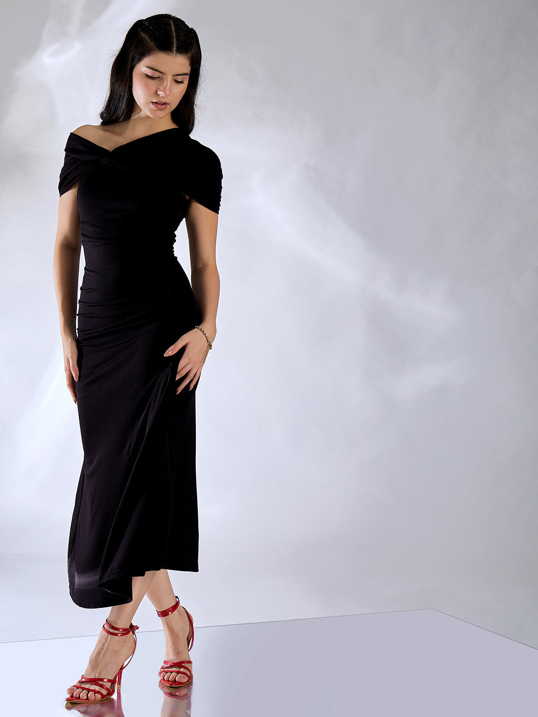 Stretchable Off Shoulder Fit & Flare Midi Dress