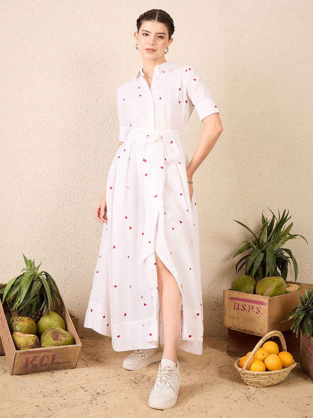 Cotton Buttoned Down Shirt Dress With Belt