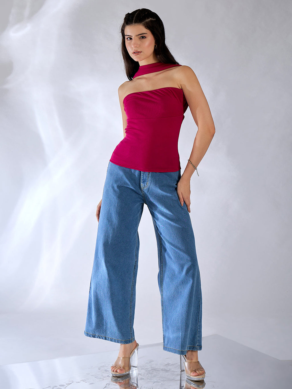 Stretchable Strapless Scarf Neck Top