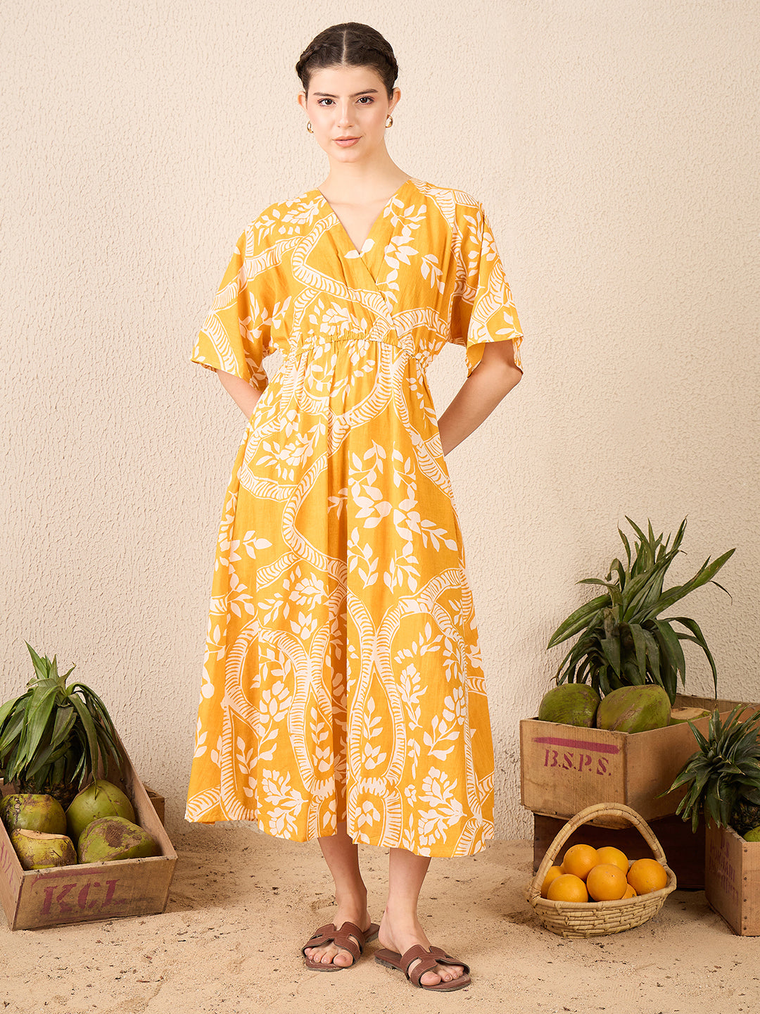 V-neck Cotton Midi Dress