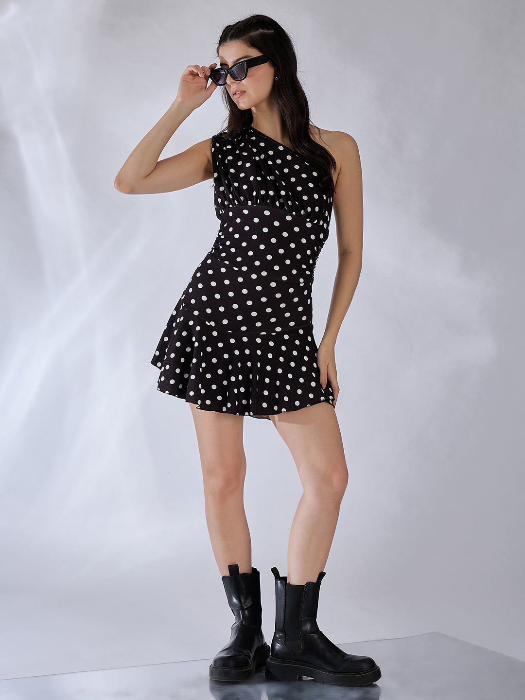 Stretchable One Shoulder Ruffle Trim Mini Dress