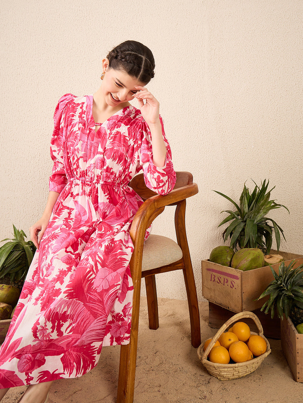 Puffed Sleeve Cotton Midi Dress
