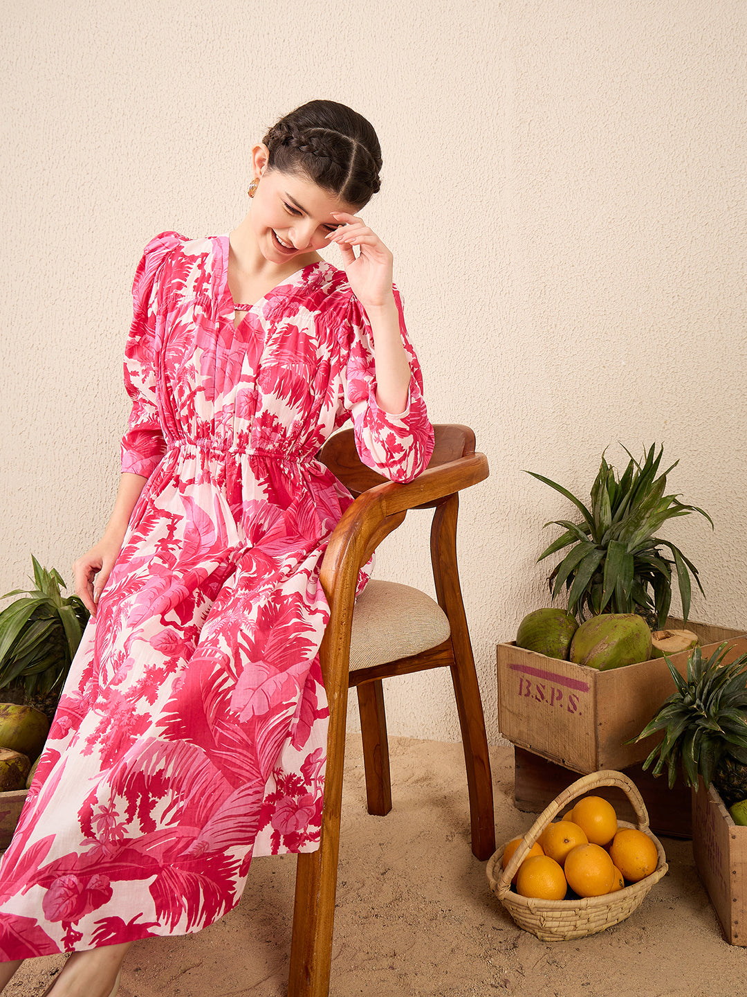 Puffed Sleeve Cotton Midi Dress