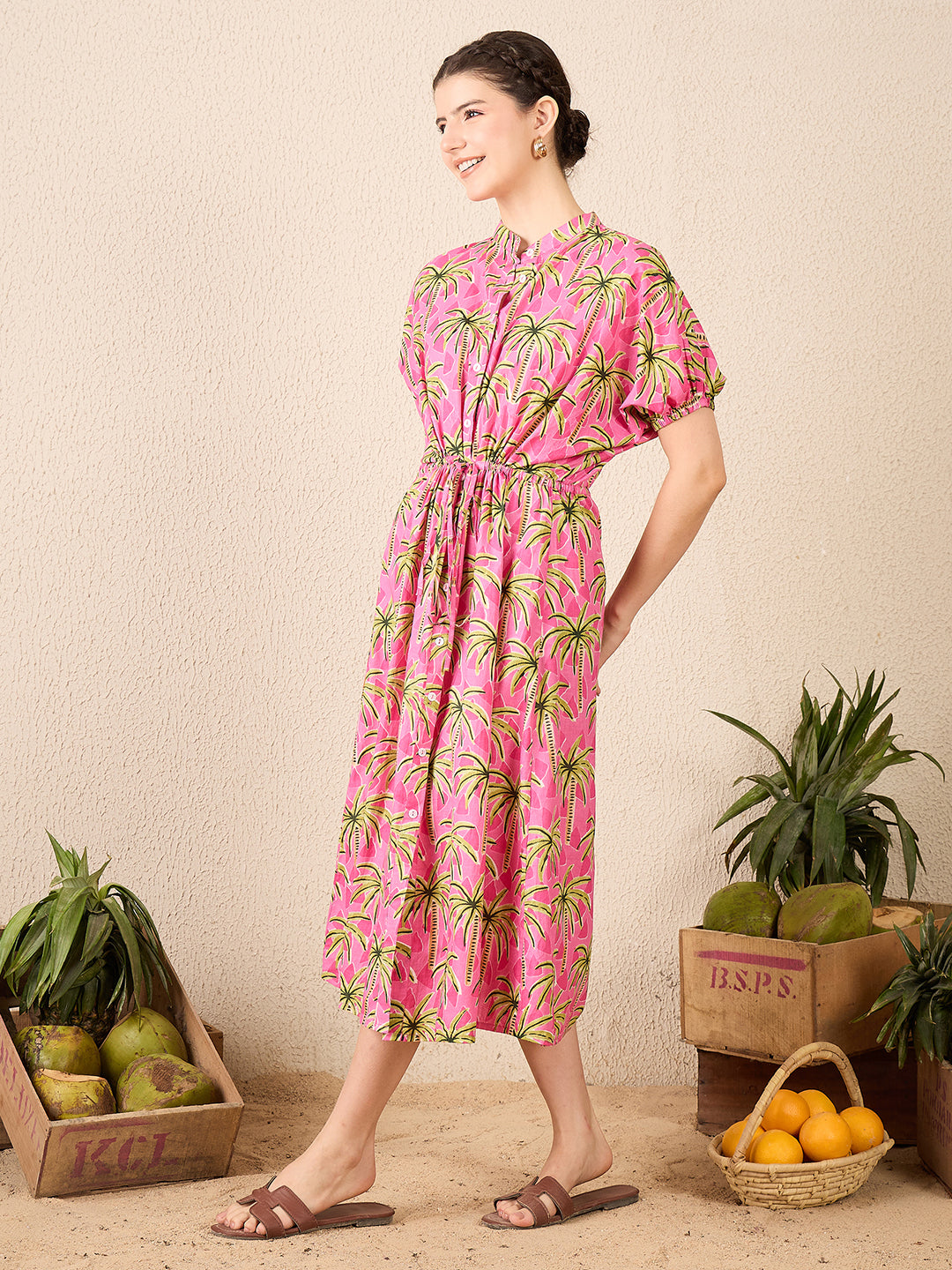 Cotton Side Waist Tie-Up Midi Dress