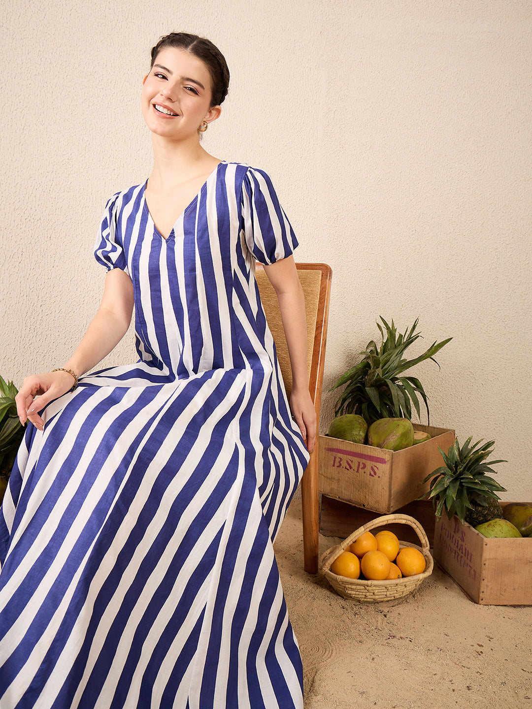 Puff Sleeve A-Line Cotton Maxi Dress