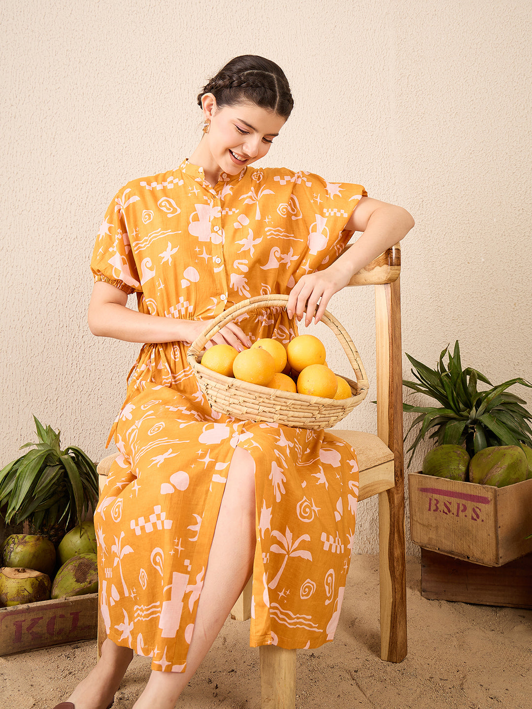 Cotton Side Waist Tie-Up Midi Dress