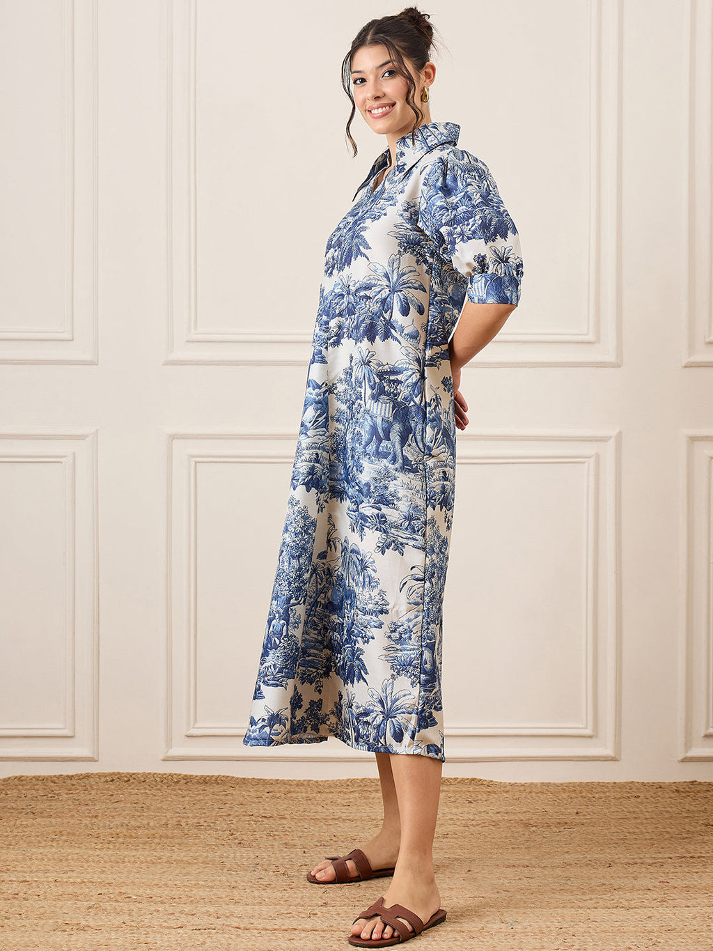 Front Pleated Cotton Midi Dress