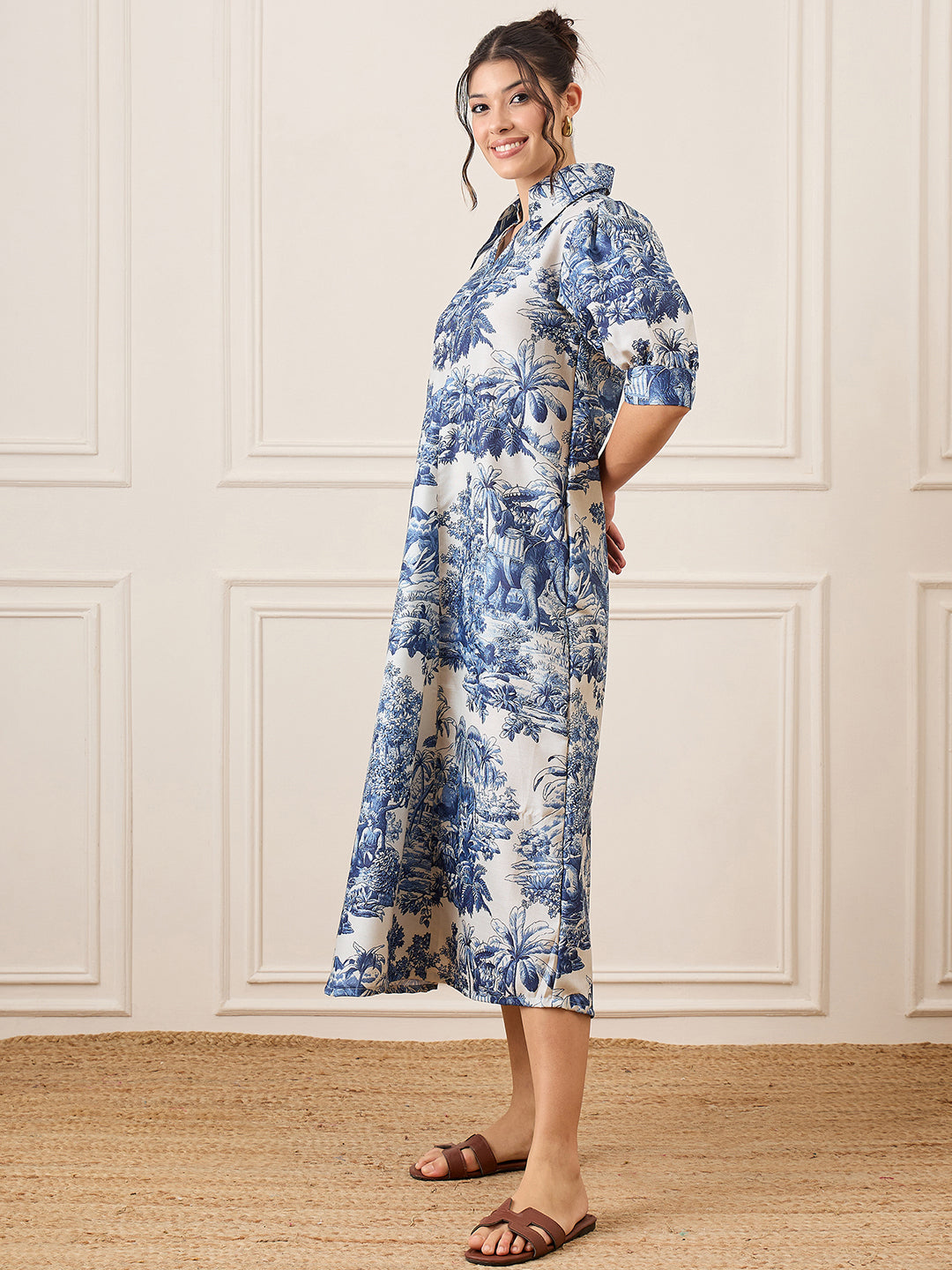Front Pleated Cotton Midi Dress