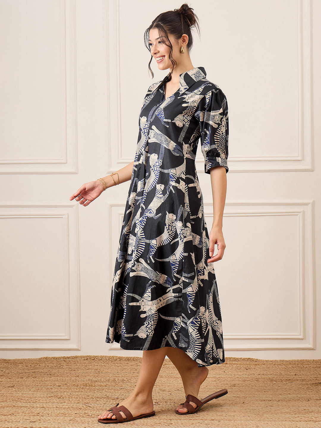 Front Pleated Cotton Midi Dress