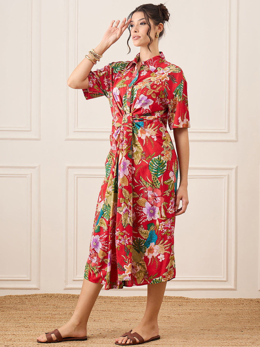 Cotton Twisted Shirt Midi Dress