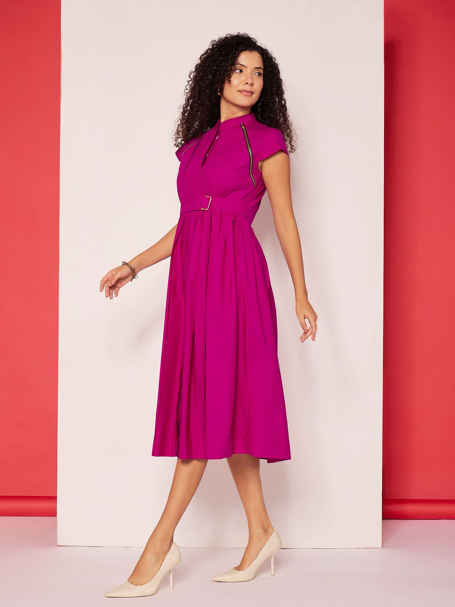 Pleated Cotton Midi Dress With Zipper Detail