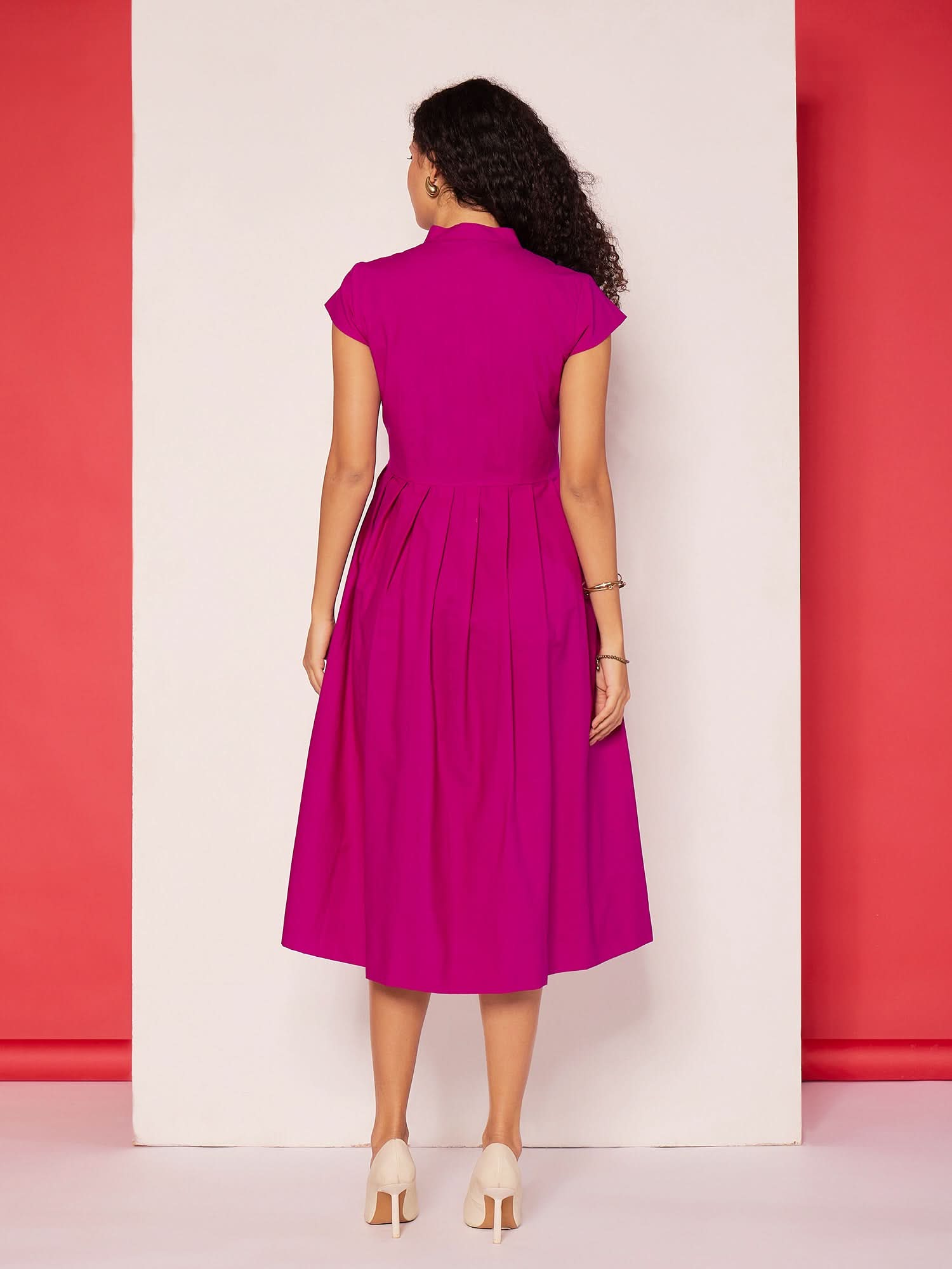 Pleated Cotton Midi Dress With Zipper Detail