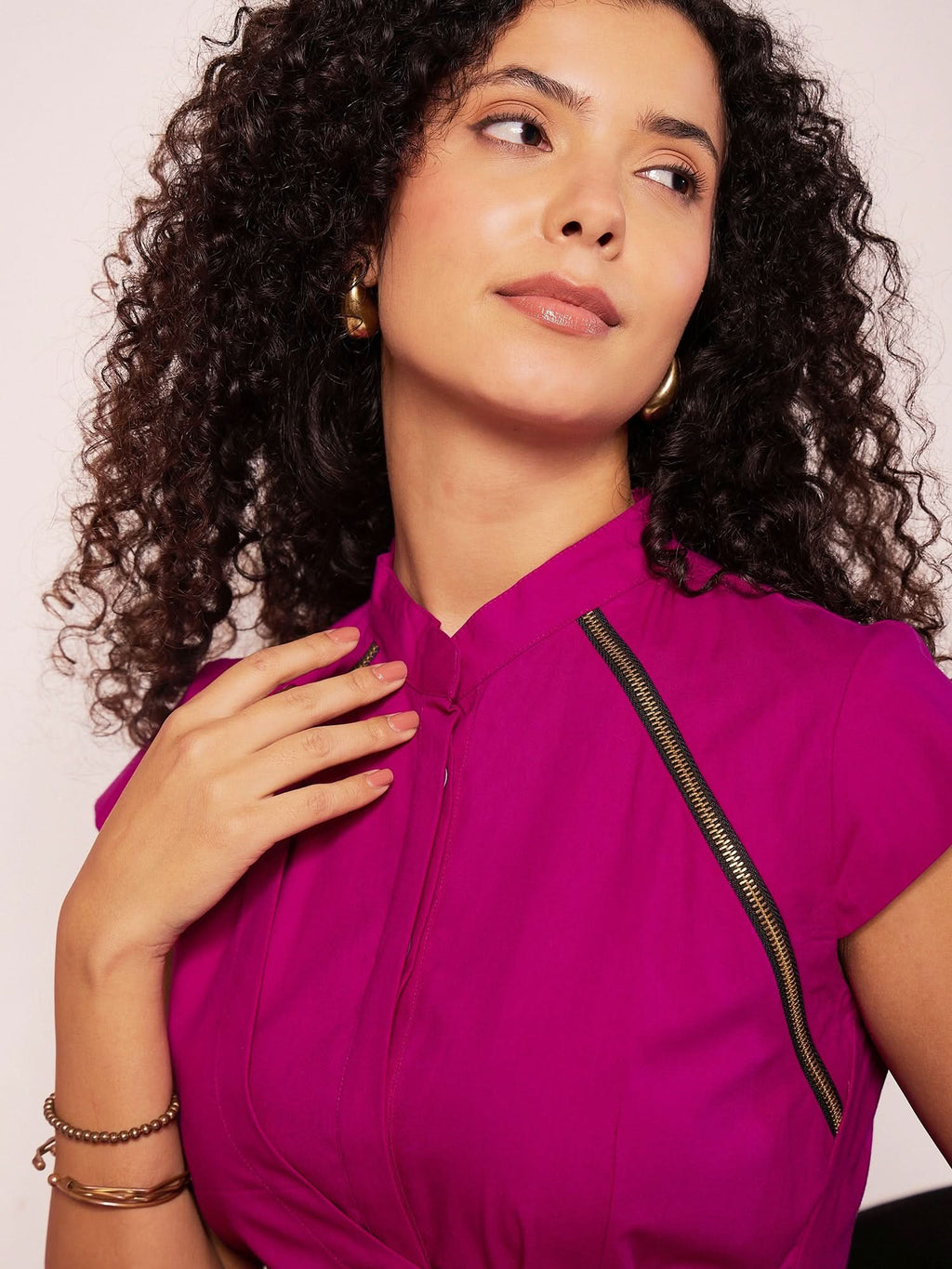 Pleated Cotton Midi Dress With Zipper Detail