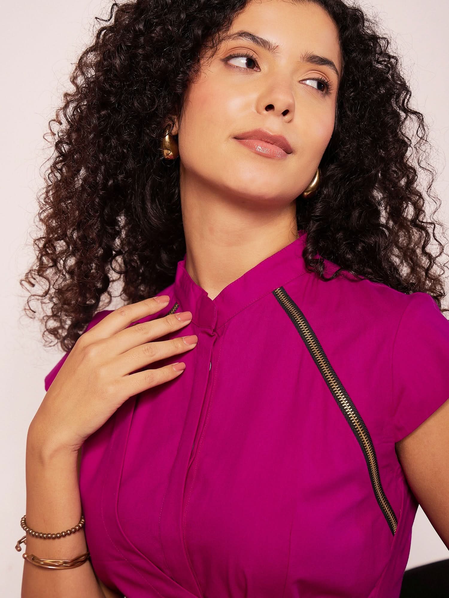 Pleated Cotton Midi Dress With Zipper Detail