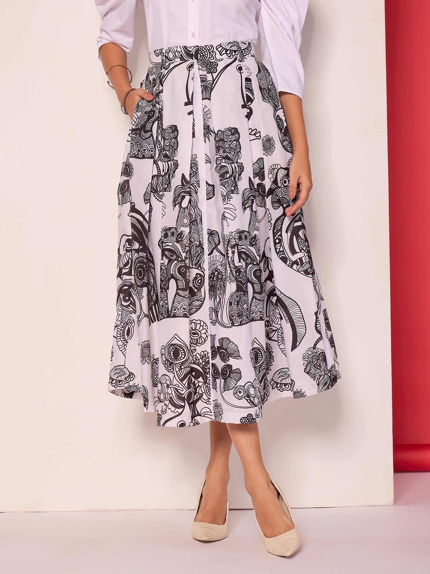 Box Pleated Midi Linen Skirt