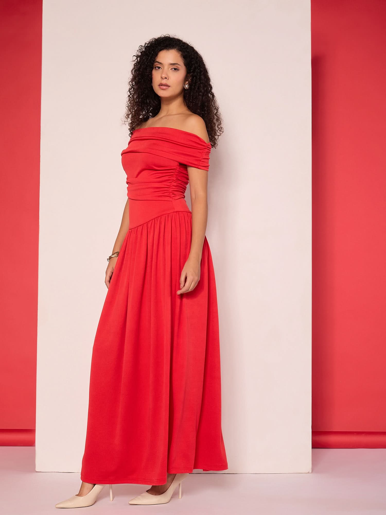 Stretchable Off Shoulder Drop Waist Maxi Dress
