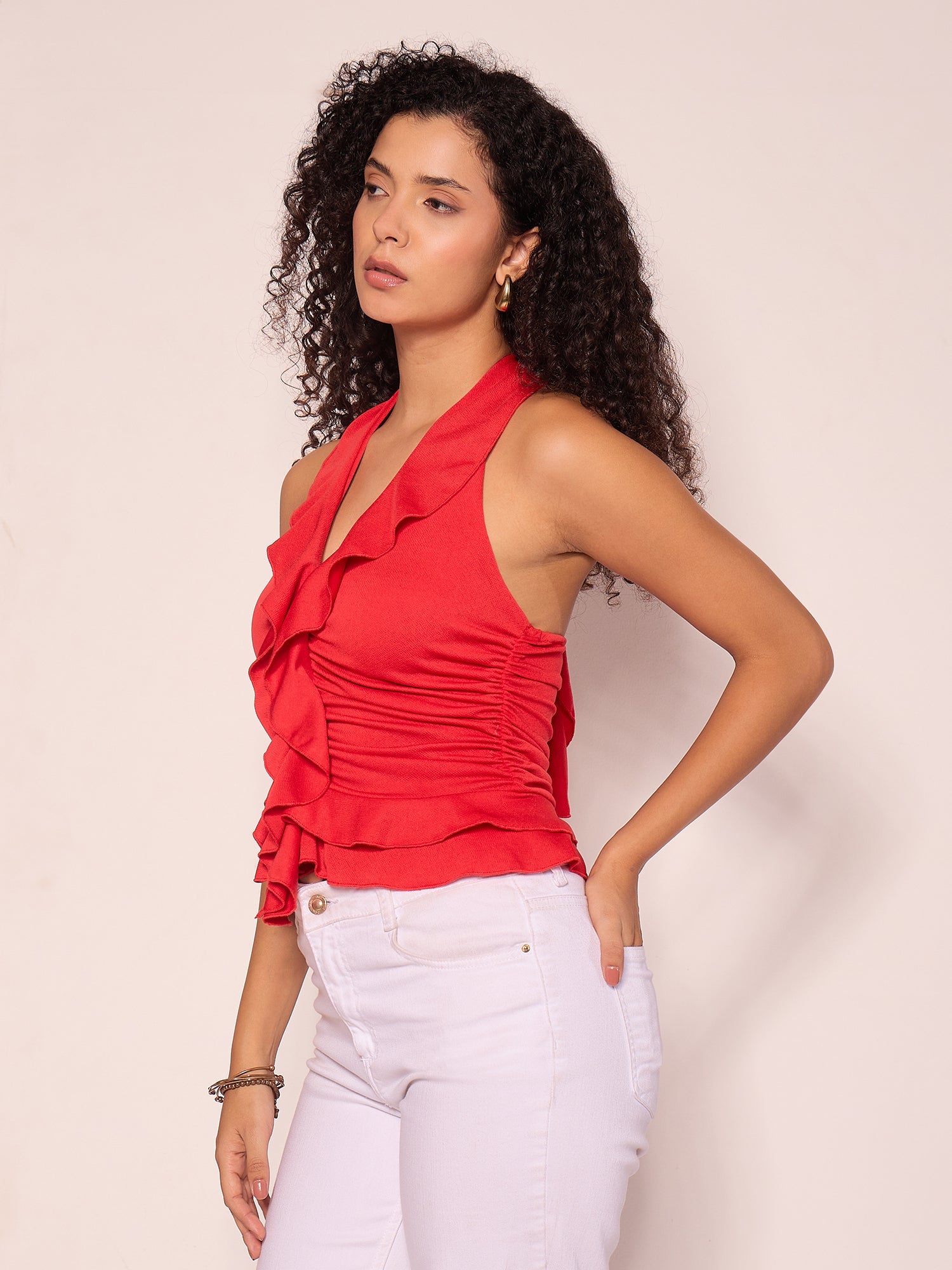 Stretchable Ruffled Halter Neck Top