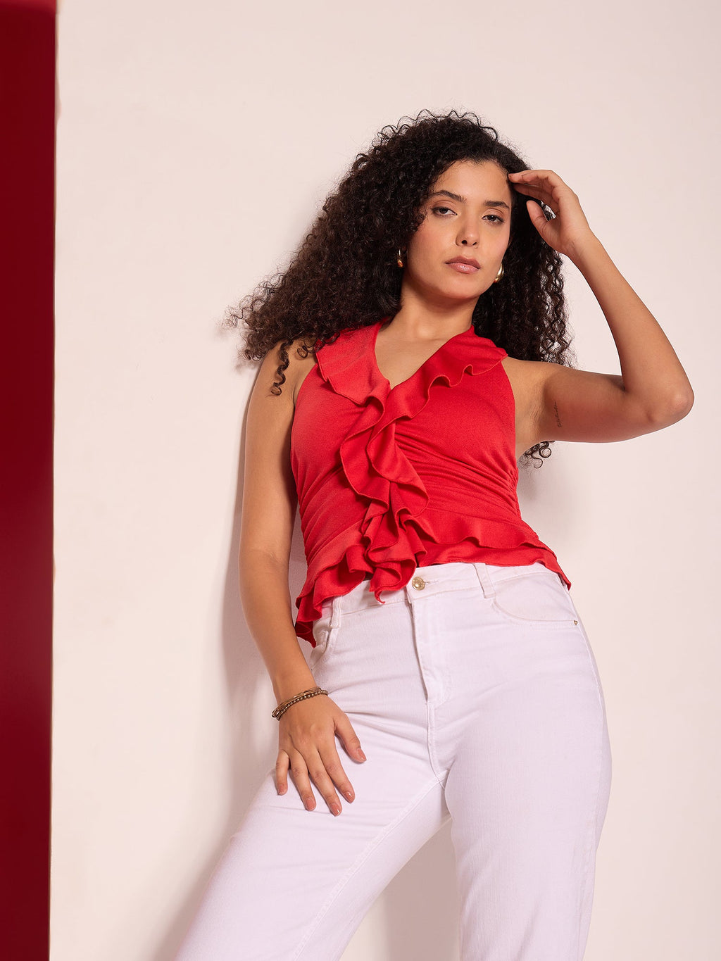 Stretchable Ruffled Halter Neck Top