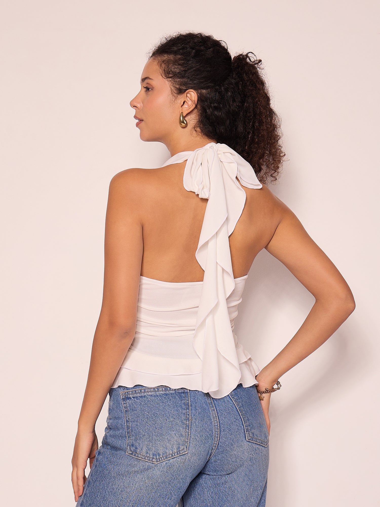 Stretchable Ruffled Halter Neck Top