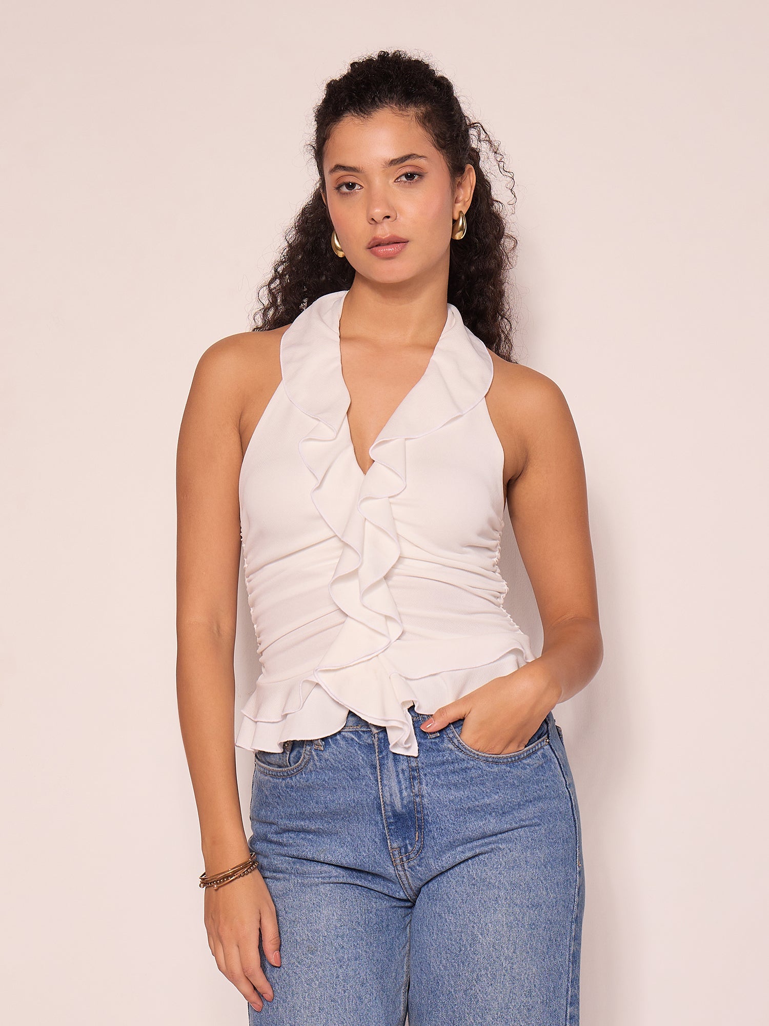 Stretchable Ruffled Halter Neck Top - Uptownie