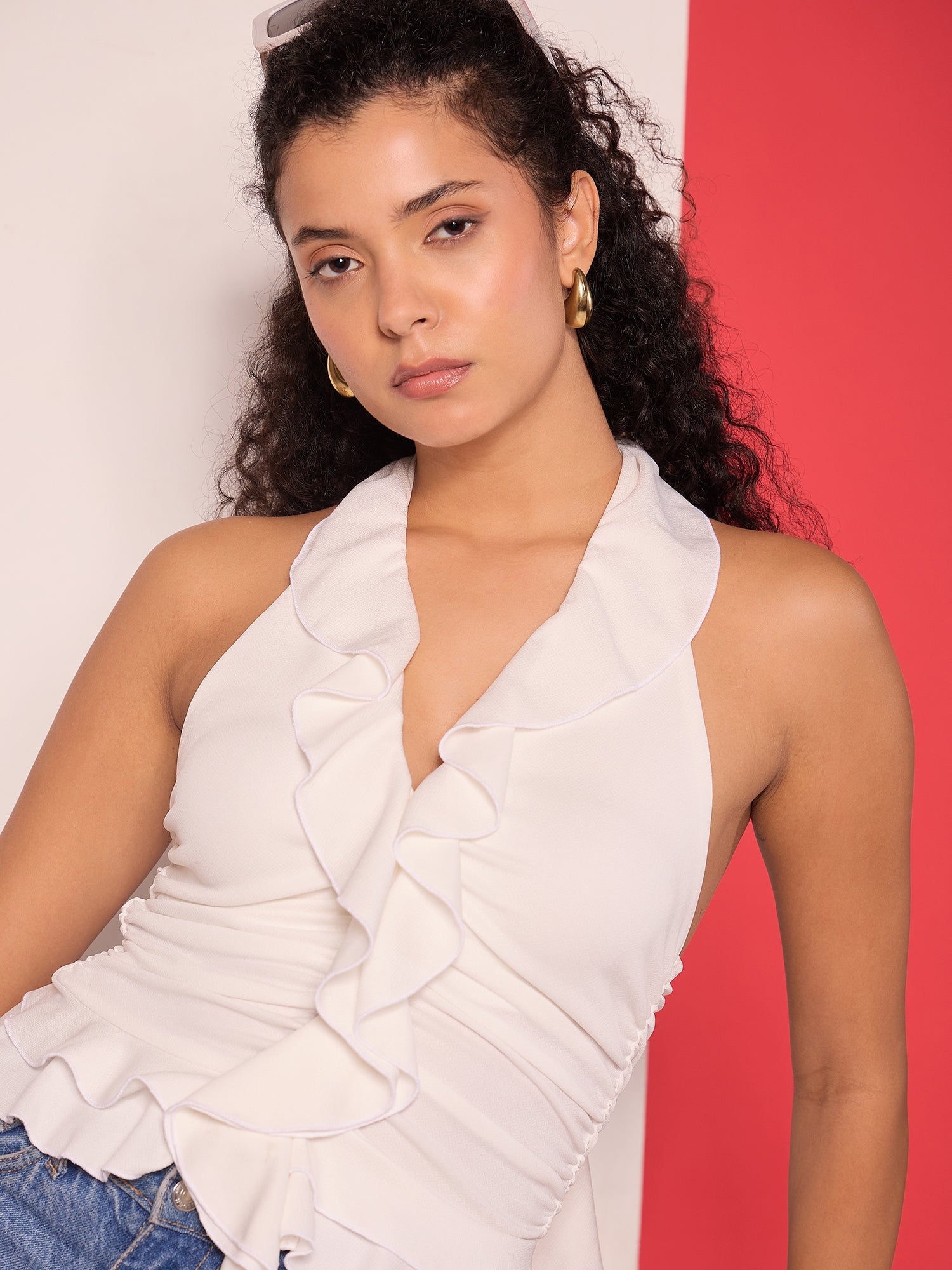 Stretchable Ruffled Halter Neck Top
