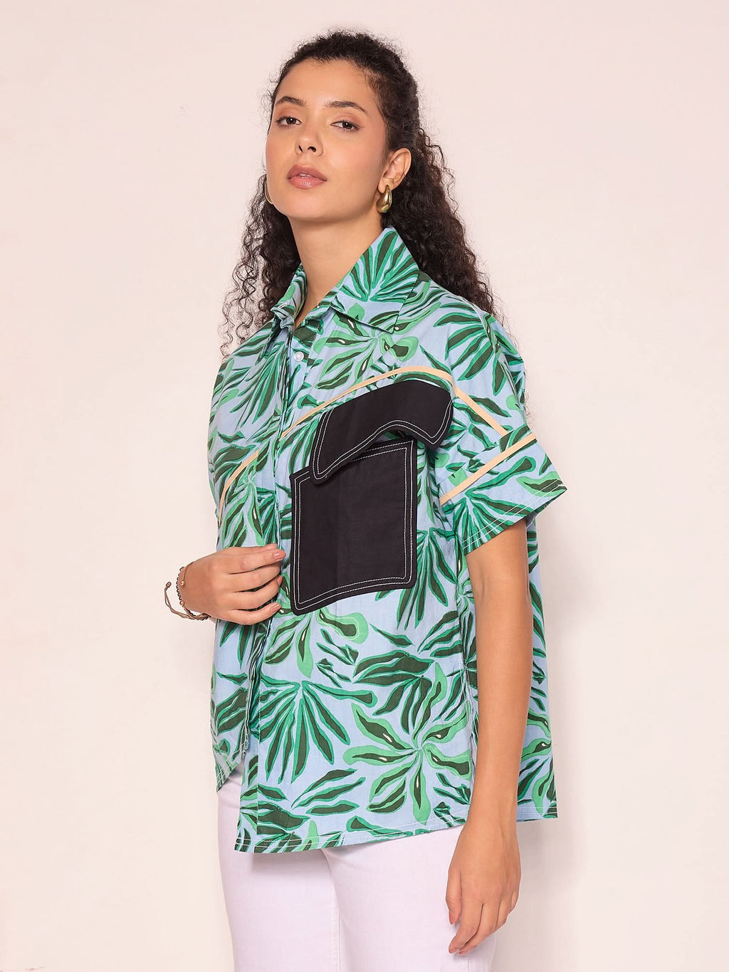 Cotton Boxy Shirt With Asymmetric Contrast Pocket
