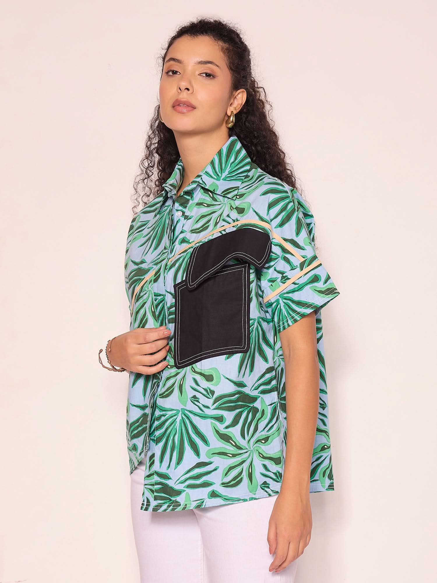 Cotton Boxy Shirt With Asymmetric Contrast Pocket