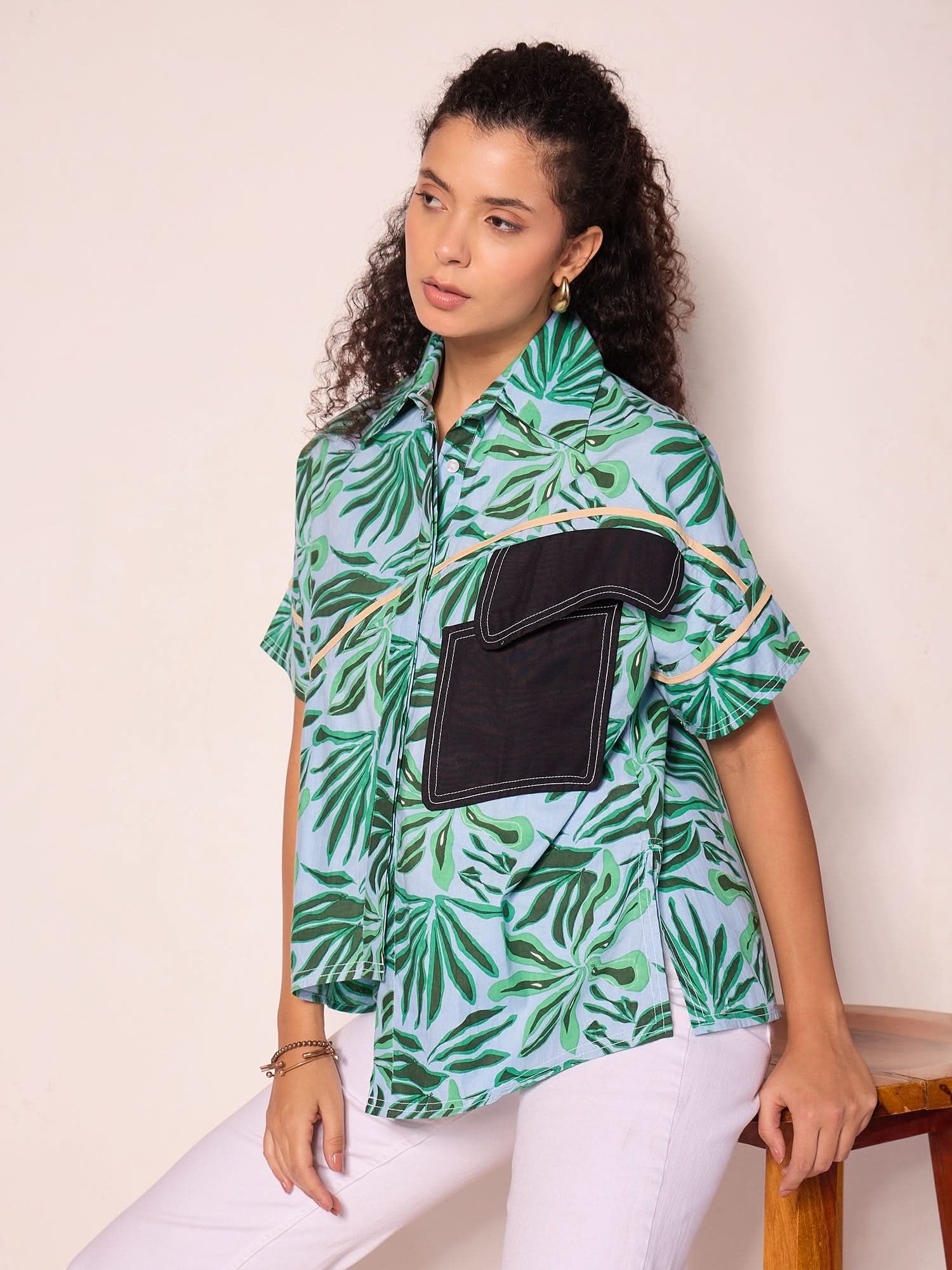 Cotton Boxy Shirt With Asymmetric Contrast Pocket