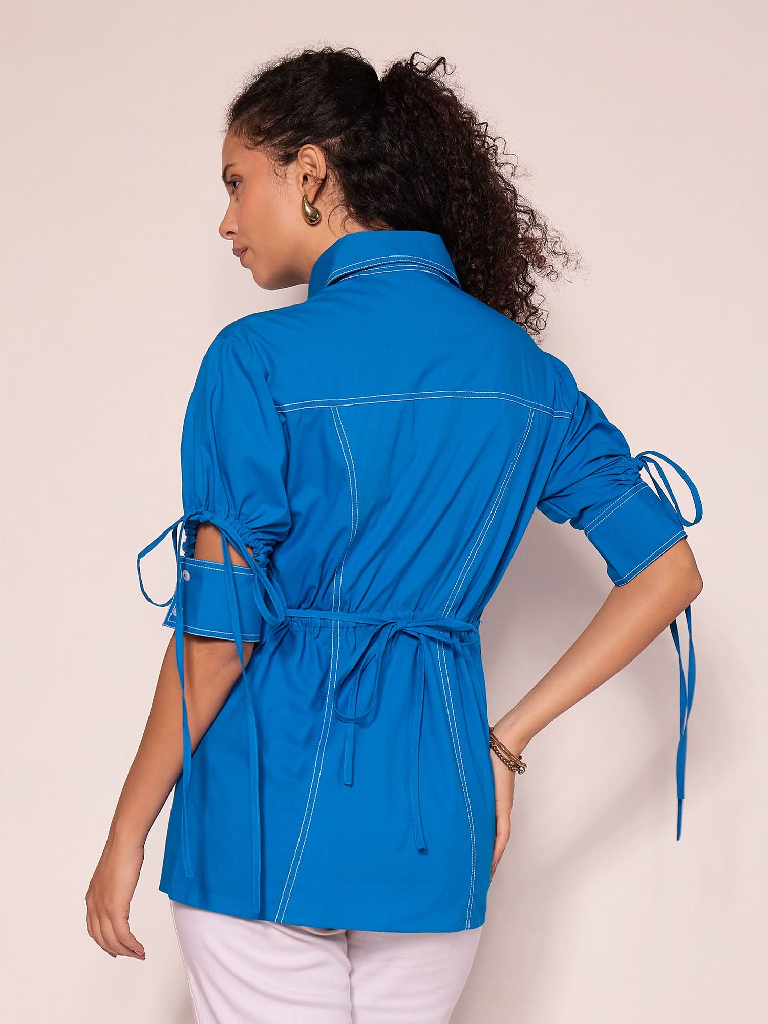 Panelled Cotton Shirt With Tie-Up Sleeves