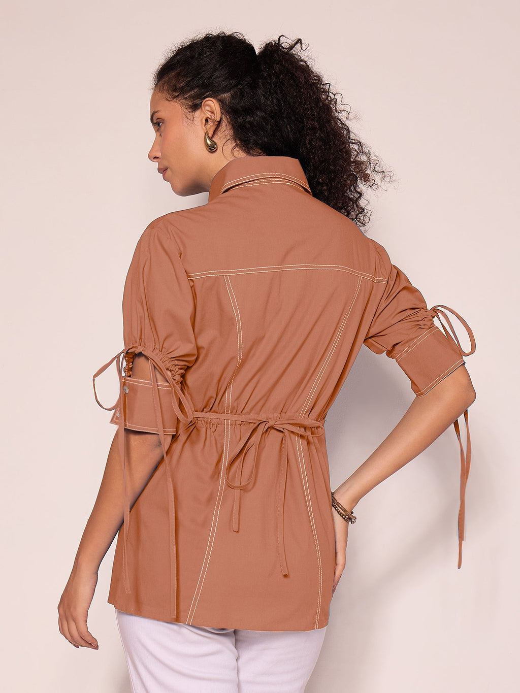 Panelled Cotton Shirt With Tie-Up Sleeves