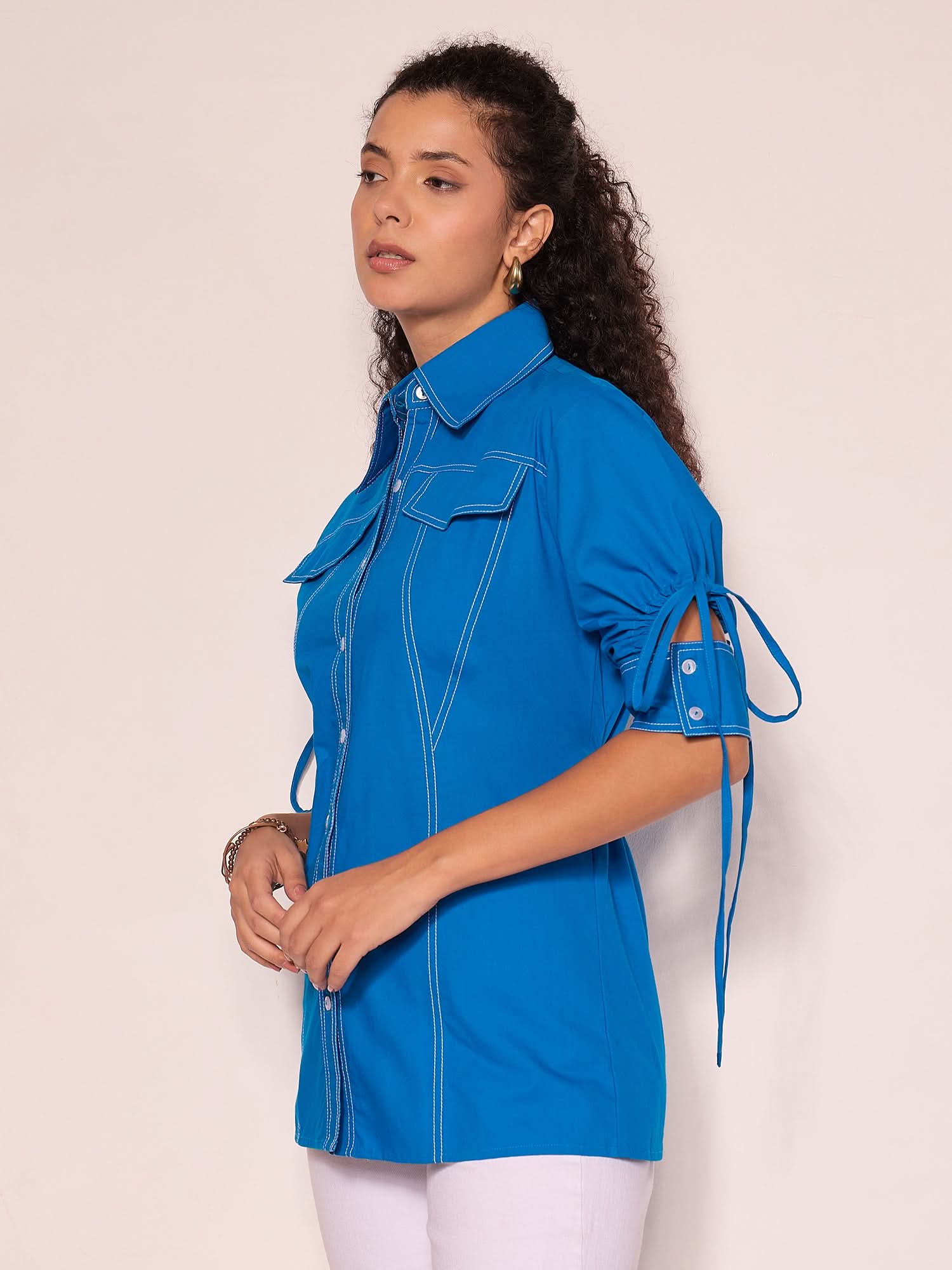 Panelled Cotton Shirt With Tie-Up Sleeves