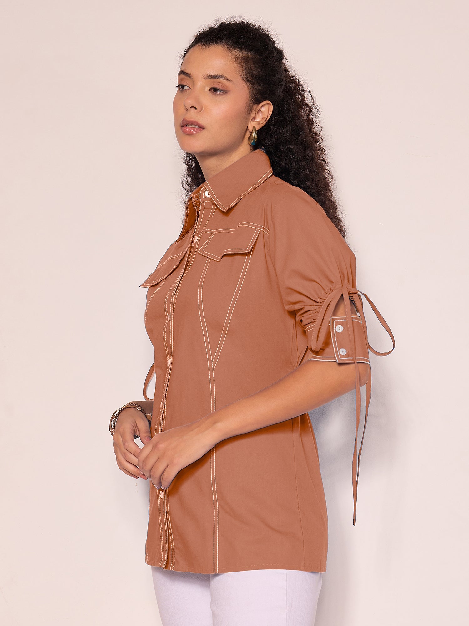 Panelled Cotton Shirt With Tie-Up Sleeves