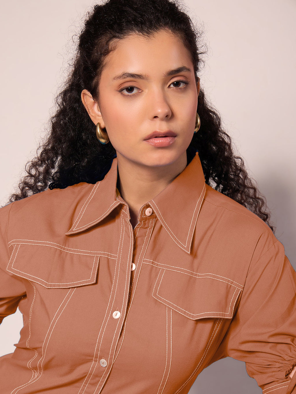 Panelled Cotton Shirt With Tie-Up Sleeves