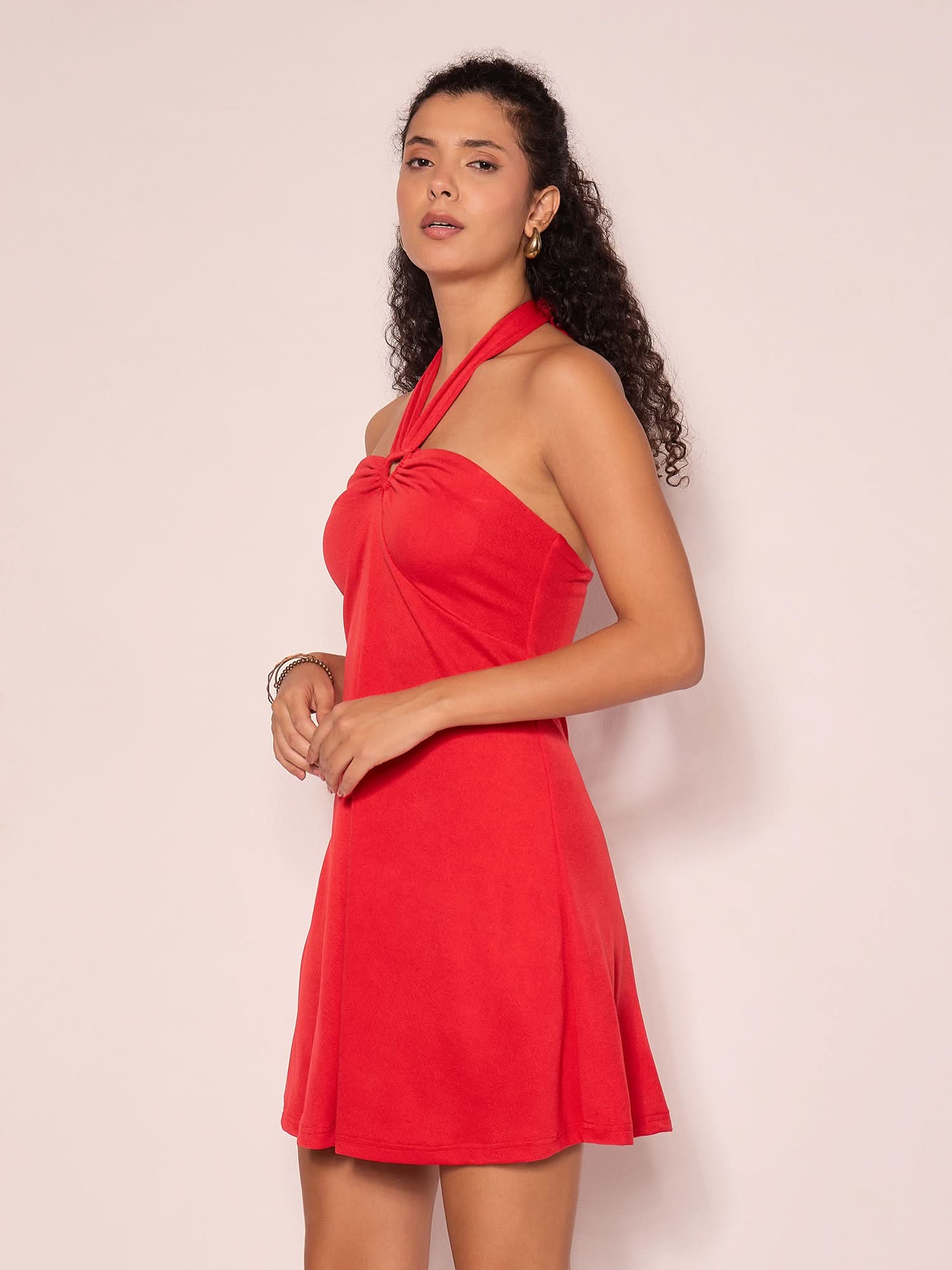 Stretchable Halter Neck Mini Skater Dress