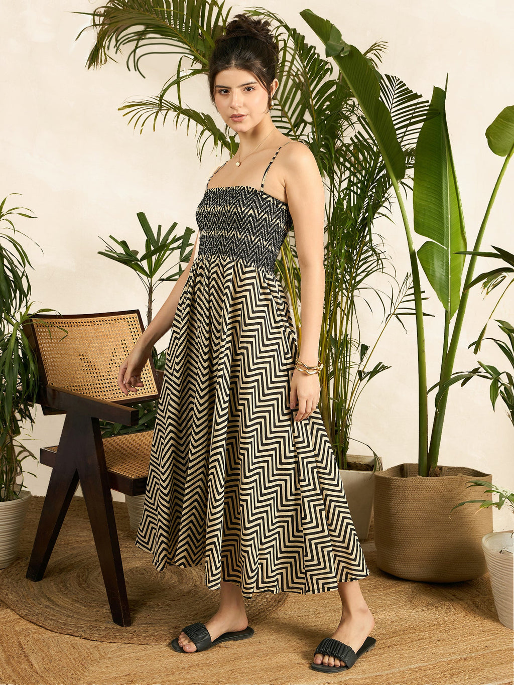 Smocked Strappy Cotton Midi Dress