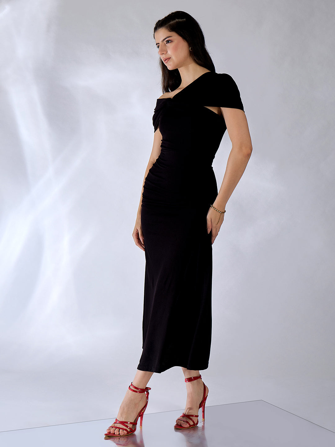 Stretchable Off Shoulder Fit & Flare Midi Dress
