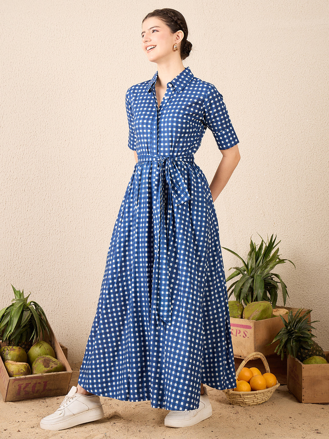 Cotton Buttoned Down Shirt Dress With Belt